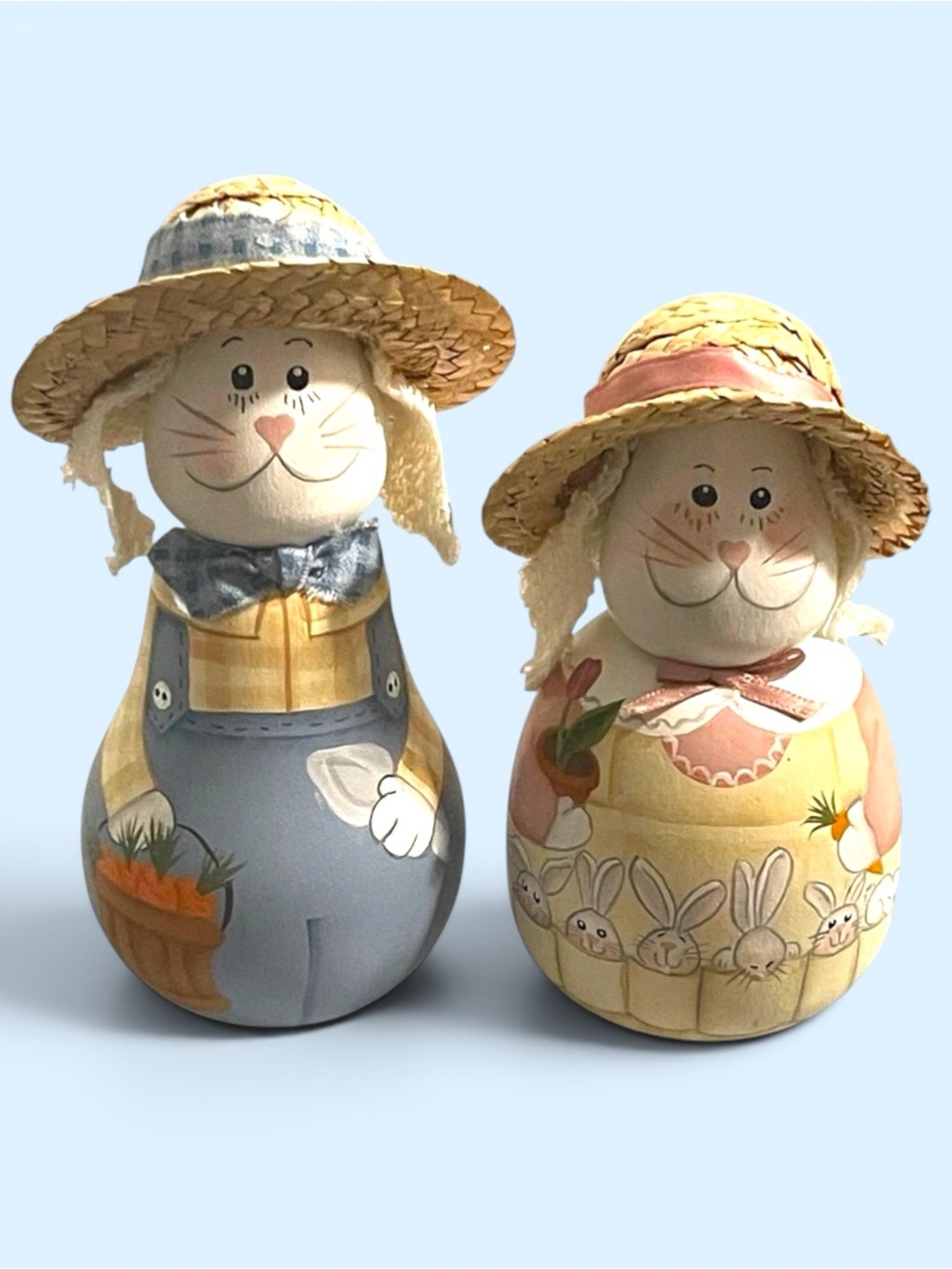 Vintage Hand Painted Wooden Bunny Couple Gourd Figurines Easter Decor Holiday